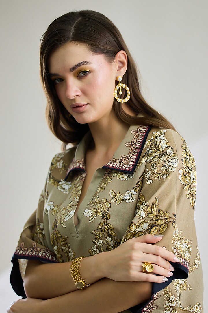Taupe Cotton Linen Printed Kaftan by Rajdeep Ranawat at Pernia's Pop Up Shop