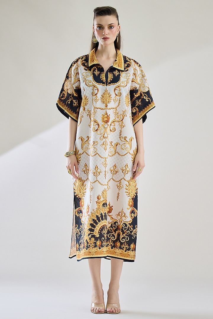 Black & Gold Cotton Linen Printed Kaftan by Rajdeep Ranawat at Pernia's Pop Up Shop