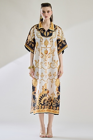 Black & Gold Cotton Linen Printed Kaftan by Rajdeep Ranawat