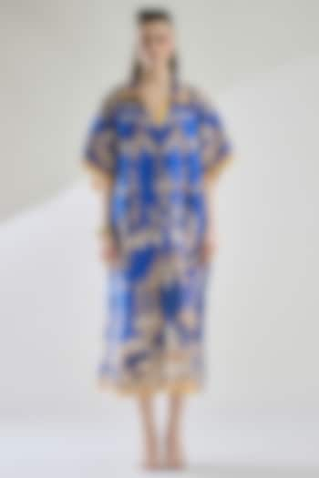 Blue Cotton Linen Printed Kaftan by Rajdeep Ranawat at Pernia's Pop Up Shop