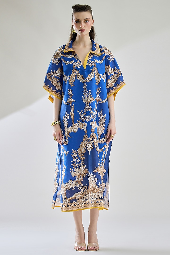 Blue Cotton Linen Printed Kaftan by Rajdeep Ranawat at Pernia's Pop Up Shop