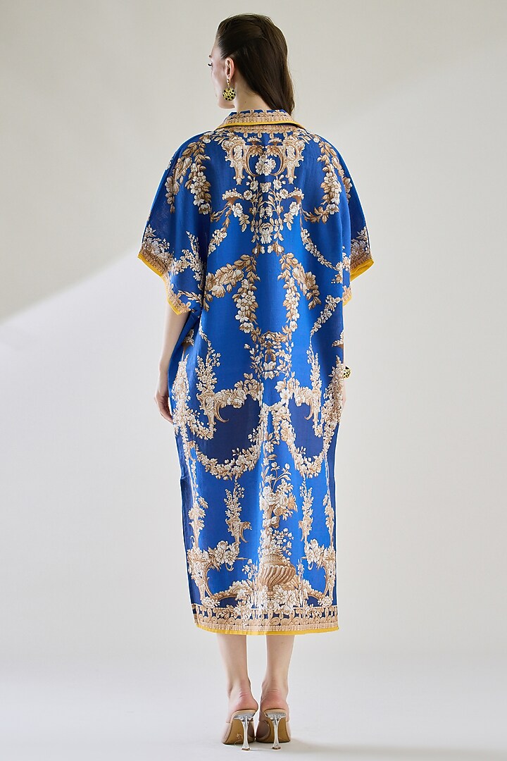 Blue Cotton Linen Printed Kaftan by Rajdeep Ranawat at Pernia's Pop Up Shop