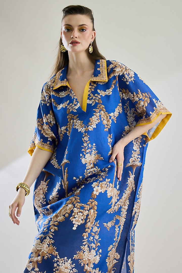 Blue Cotton Linen Printed Kaftan by Rajdeep Ranawat at Pernia's Pop Up Shop