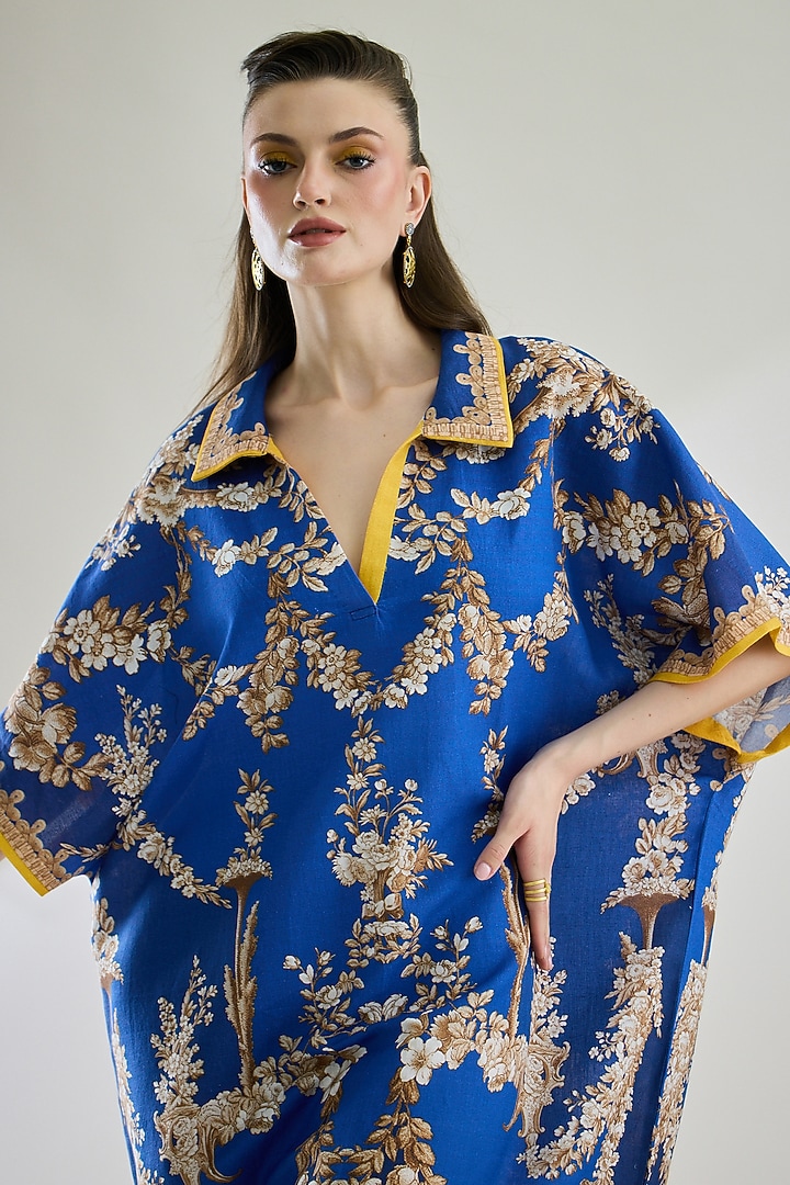 Blue Cotton Linen Printed Kaftan by Rajdeep Ranawat at Pernia's Pop Up Shop