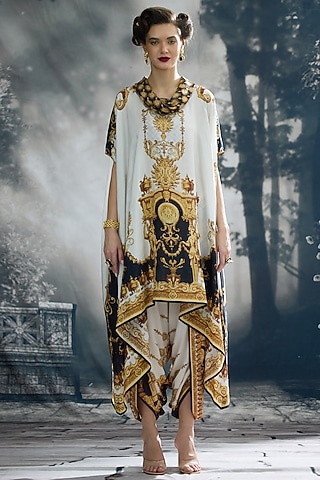 Black & Gold Silk Printed Draped Tunic by Rajdeep Ranawat