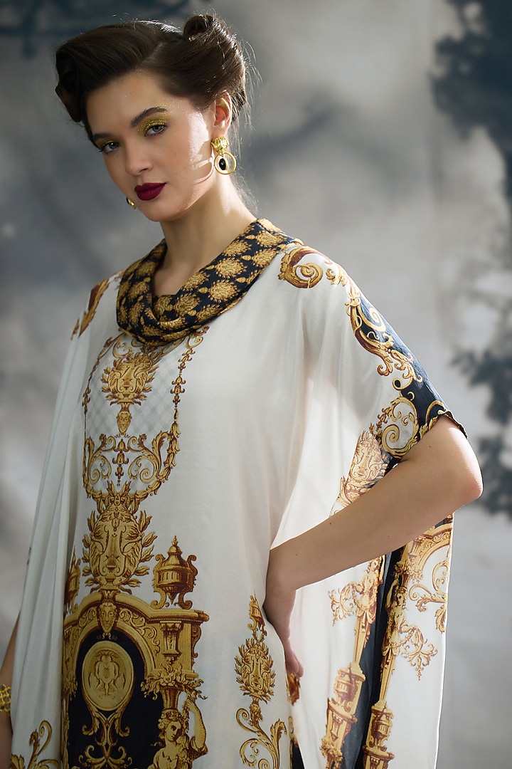 Black & Gold Silk Printed Draped Tunic by Rajdeep Ranawat at Pernia's Pop Up Shop