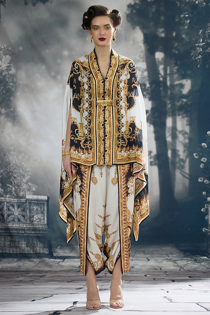 Black & Gold Silk Printed Cape by Rajdeep Ranawat at Pernia's Pop Up Shop