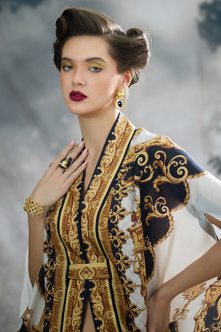 Black & Gold Silk Printed Cape by Rajdeep Ranawat at Pernia's Pop Up Shop
