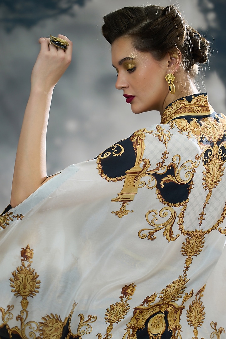 Black & Gold Silk Printed Cape by Rajdeep Ranawat at Pernia's Pop Up Shop