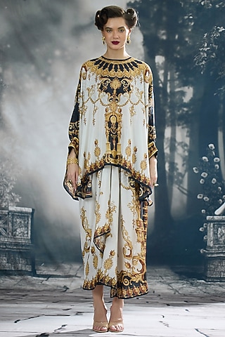 Black & Gold Silk Printed Draped Skirt Set by Rajdeep Ranawat