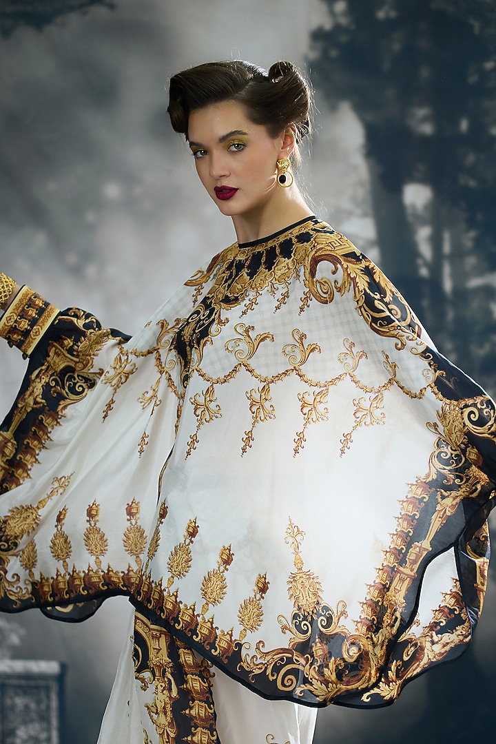 Black & Gold Silk Printed Draped Skirt Set by Rajdeep Ranawat at Pernia's Pop Up Shop