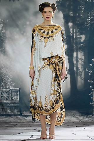Black & Gold Silk Printed Skirt Set by Rajdeep Ranawat