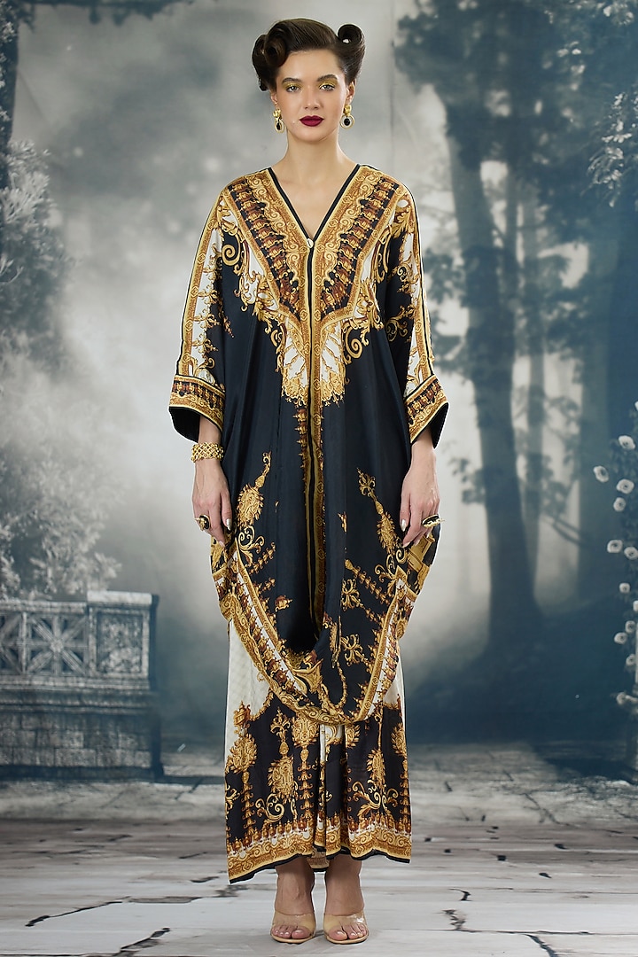 Black & Gold Silk Printed Tunic by Rajdeep Ranawat at Pernia's Pop Up Shop