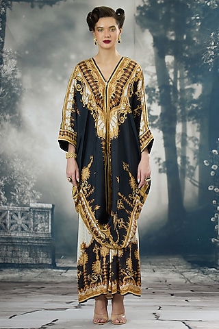 Black & Gold Silk Printed Tunic by Rajdeep Ranawat
