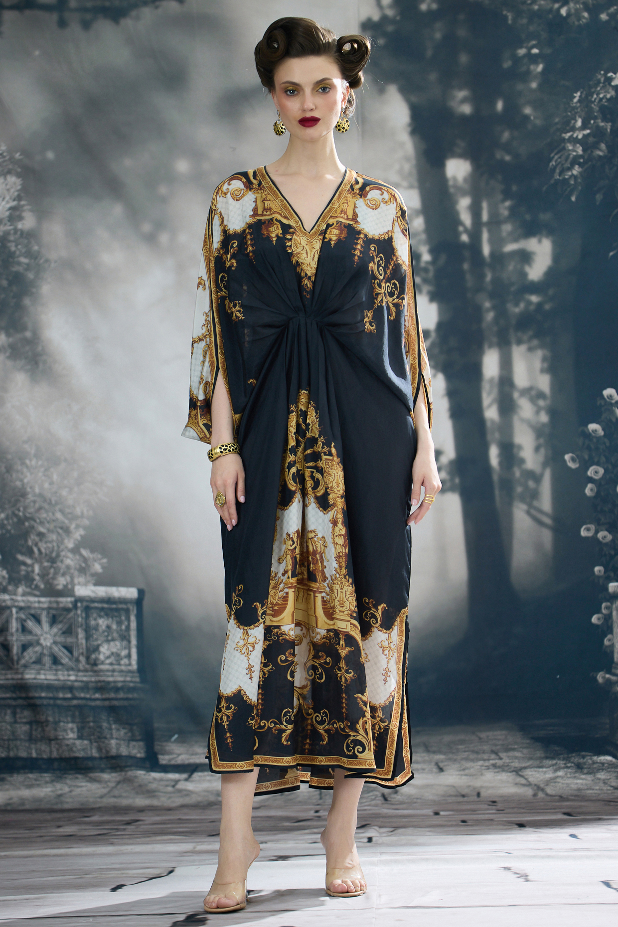 Black & Gold Silk Printed Kaftan by Rajdeep Ranawat at Pernia's Pop Up Shop