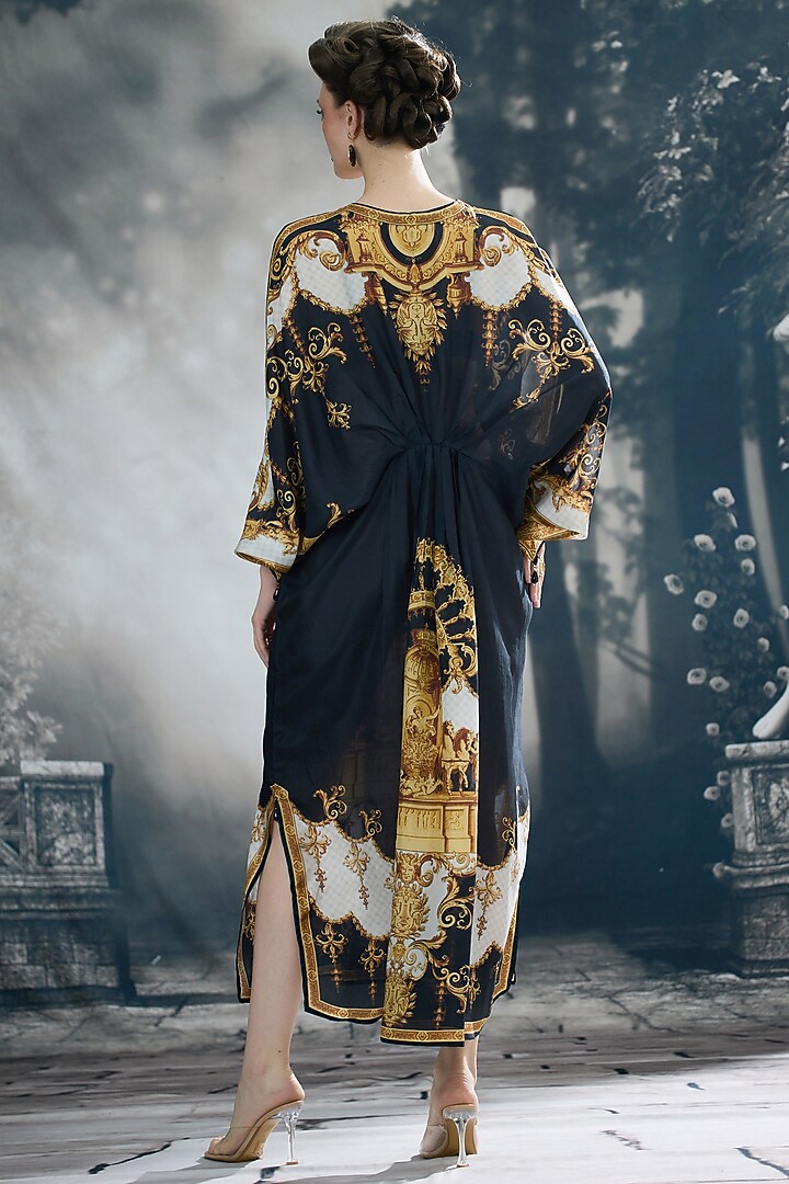 Black & Gold Silk Printed Kaftan by Rajdeep Ranawat at Pernia's Pop Up Shop