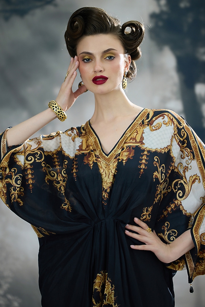 Black & Gold Silk Printed Kaftan by Rajdeep Ranawat at Pernia's Pop Up Shop