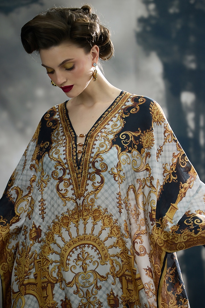 Black & Gold Silk Printed Kaftan by Rajdeep Ranawat at Pernia's Pop Up Shop
