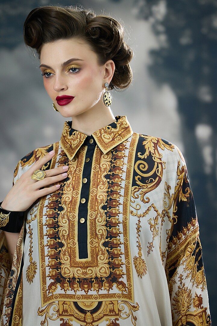Black & Gold Silk Printed Kaftan by Rajdeep Ranawat at Pernia's Pop Up Shop