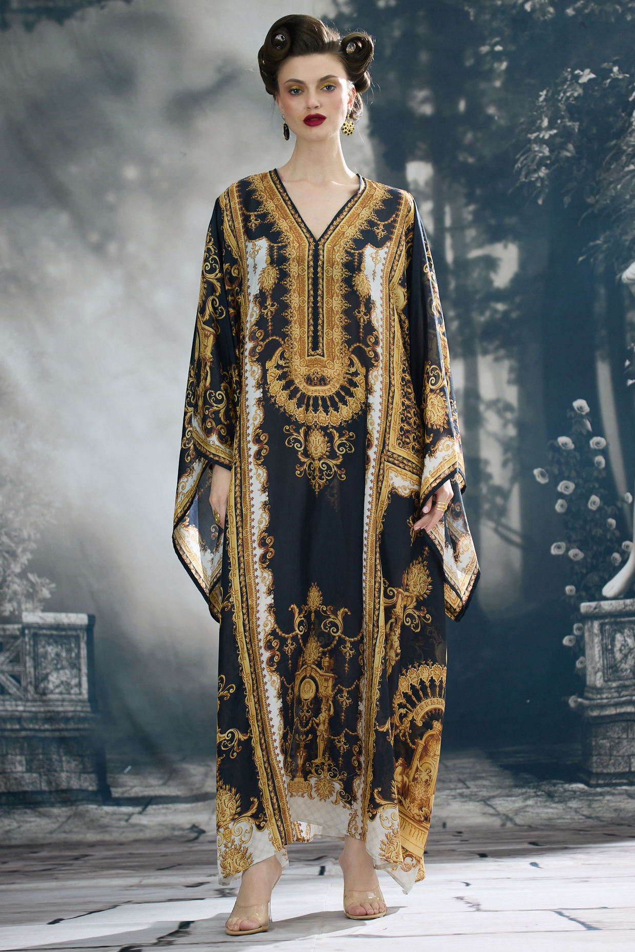 Black & Gold Silk Printed Kaftan by Rajdeep Ranawat at Pernia's Pop Up Shop