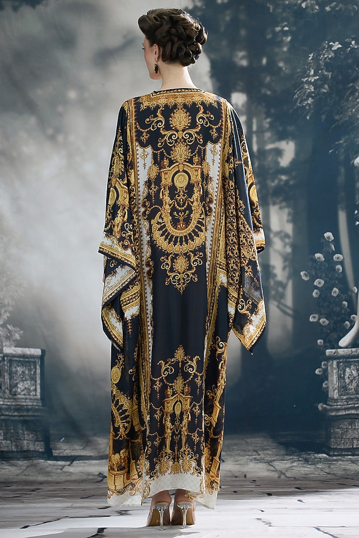 Black & Gold Silk Printed Kaftan by Rajdeep Ranawat at Pernia's Pop Up Shop