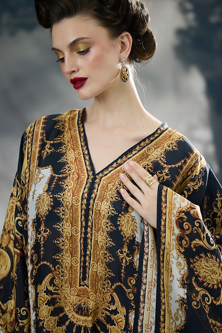 Black & Gold Silk Printed Kaftan by Rajdeep Ranawat at Pernia's Pop Up Shop