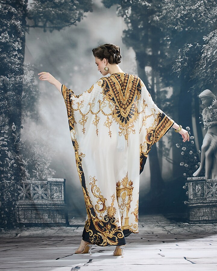 Black & Gold Silk Printed Kaftan by Rajdeep Ranawat at Pernia's Pop Up Shop
