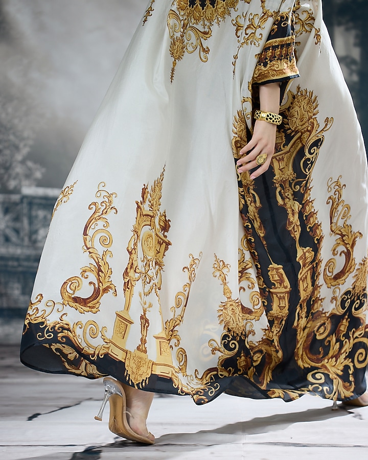 Black & Gold Silk Printed Kaftan by Rajdeep Ranawat at Pernia's Pop Up Shop