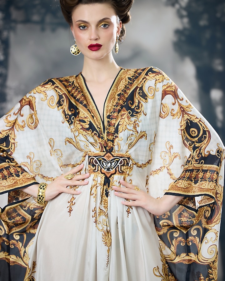Black & Gold Silk Printed Kaftan by Rajdeep Ranawat at Pernia's Pop Up Shop