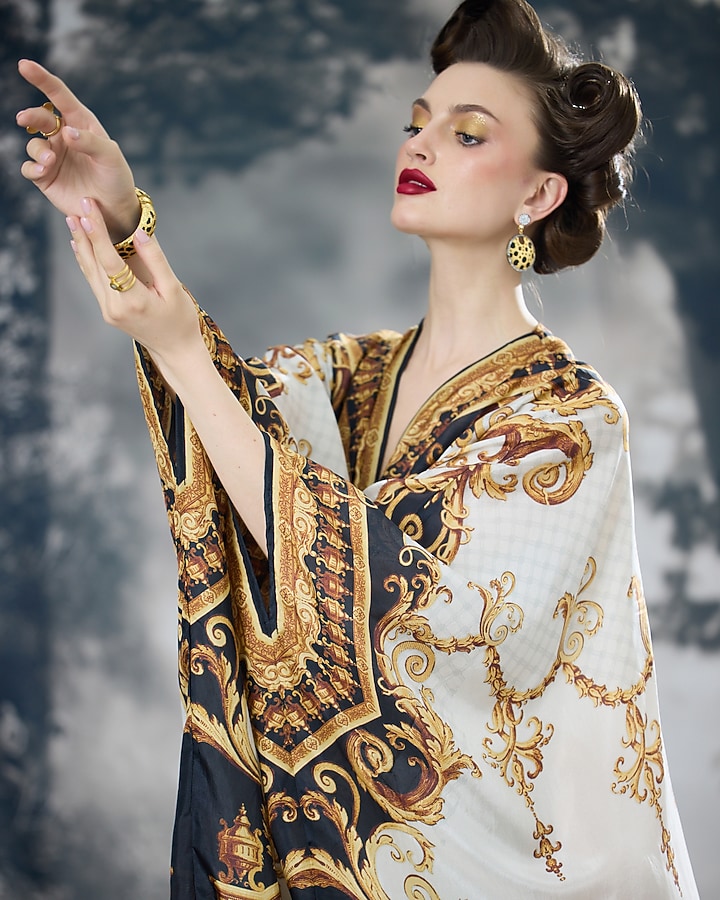 Black & Gold Silk Printed Kaftan by Rajdeep Ranawat at Pernia's Pop Up Shop