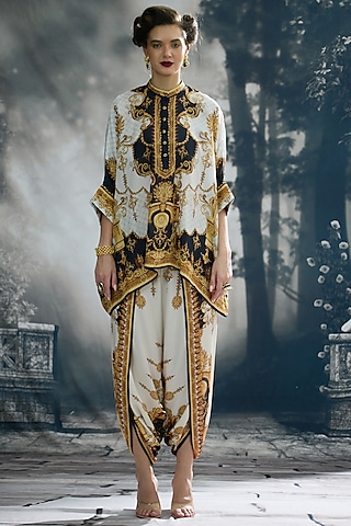 Black & Gold Modal Satin Printed Dhoti Pants by Rajdeep Ranawat