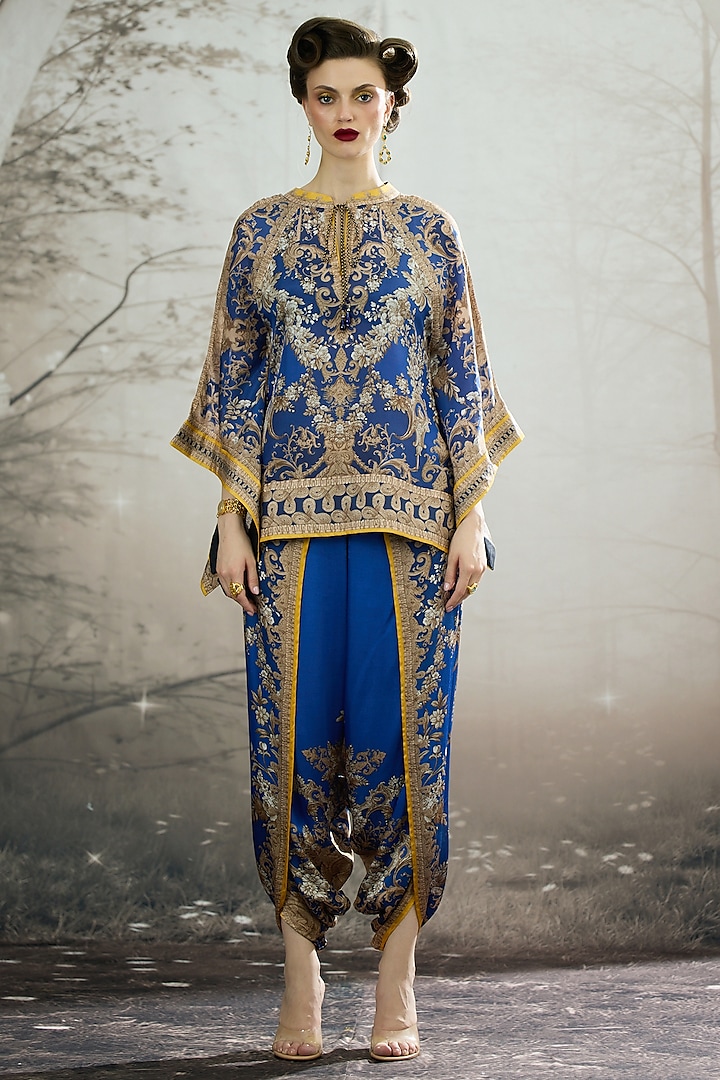 Blue Silk Printed Poncho Top by Rajdeep Ranawat at Pernia's Pop Up Shop