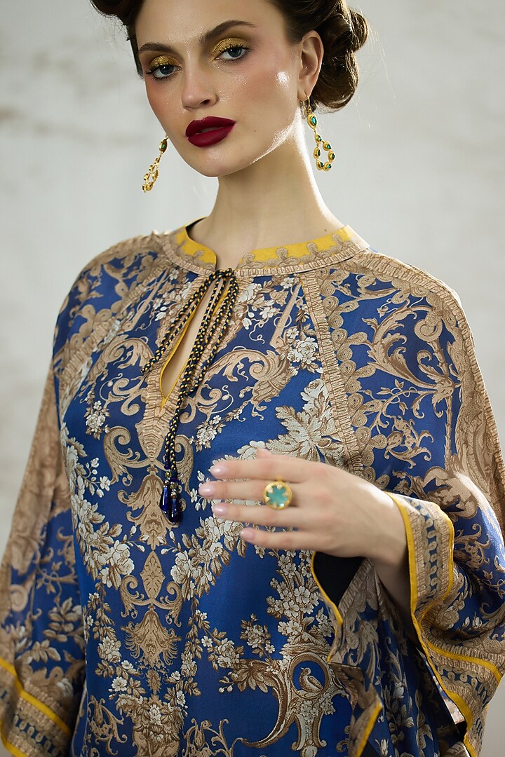 Blue Silk Printed Poncho Top by Rajdeep Ranawat at Pernia's Pop Up Shop