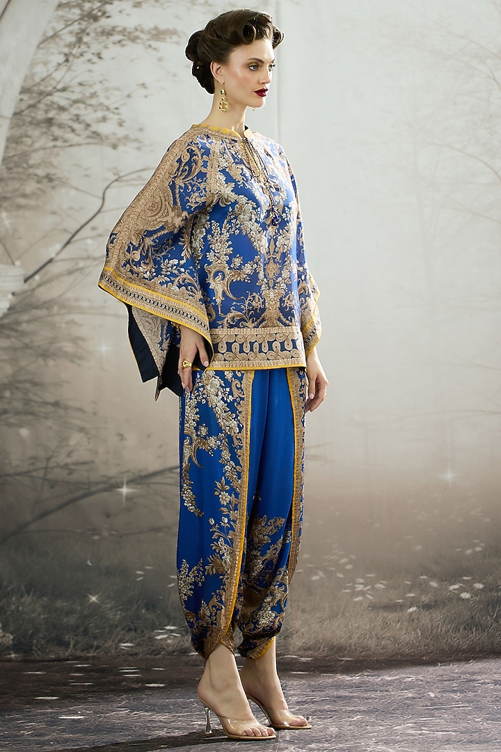 Blue Silk Printed Poncho Top by Rajdeep Ranawat at Pernia's Pop Up Shop