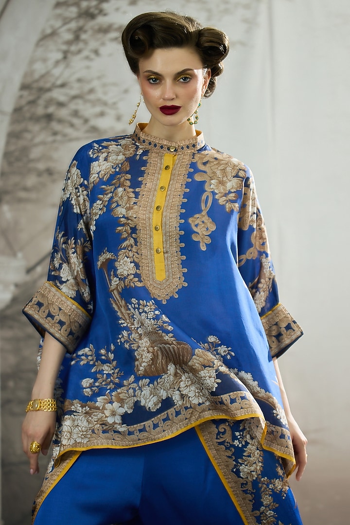 Blue Silk Printed Tunic by Rajdeep Ranawat at Pernia's Pop Up Shop