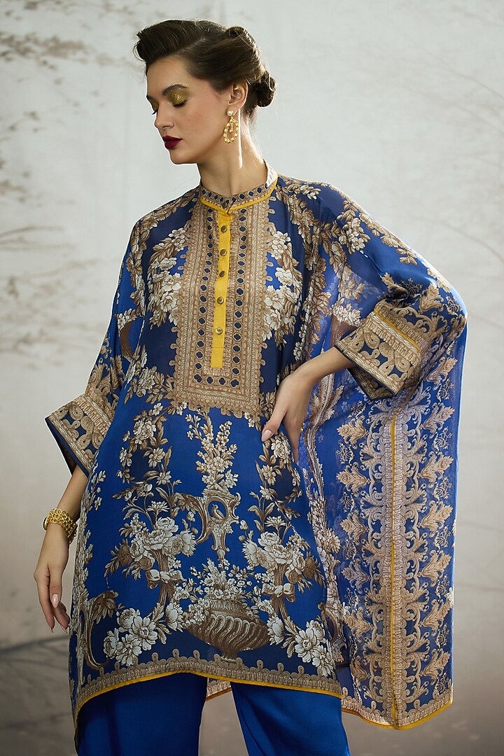 Blue Silk Printed Tunic by Rajdeep Ranawat at Pernia's Pop Up Shop