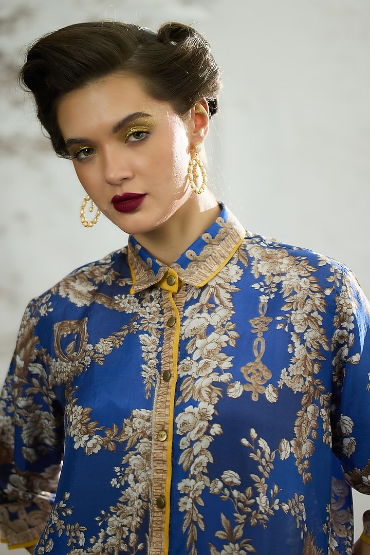 Blue Silk Printed Shirt by Rajdeep Ranawat at Pernia's Pop Up Shop