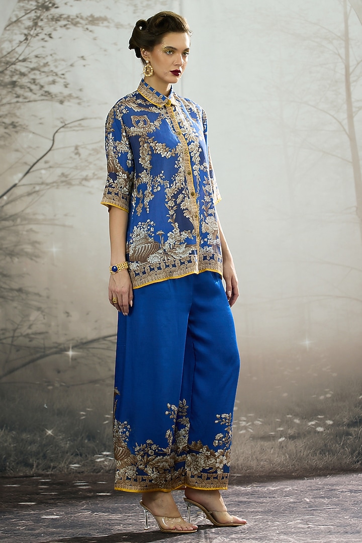 Blue Silk Printed Shirt by Rajdeep Ranawat at Pernia's Pop Up Shop