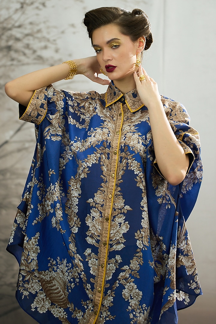 Blue Silk Printed Shirt by Rajdeep Ranawat at Pernia's Pop Up Shop