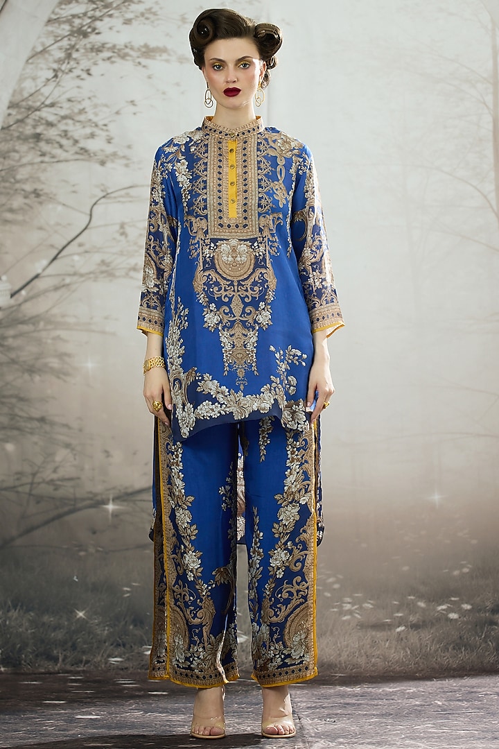 Blue Silk Printed High-Low Tunic by Rajdeep Ranawat at Pernia's Pop Up Shop