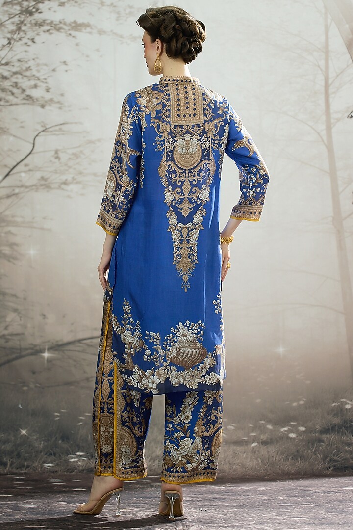 Blue Silk Printed High-Low Tunic by Rajdeep Ranawat at Pernia's Pop Up Shop
