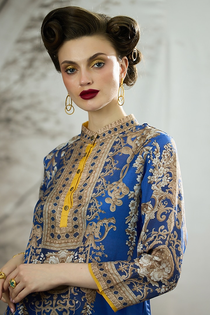 Blue Silk Printed High-Low Tunic by Rajdeep Ranawat at Pernia's Pop Up Shop