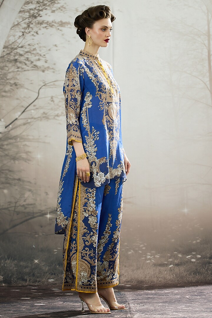 Blue Silk Printed High-Low Tunic by Rajdeep Ranawat at Pernia's Pop Up Shop