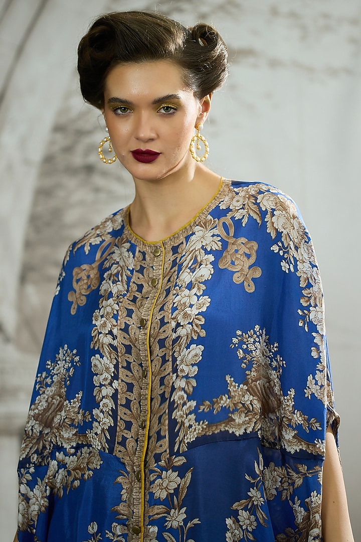 Blue Silk Printed Cape by Rajdeep Ranawat at Pernia's Pop Up Shop