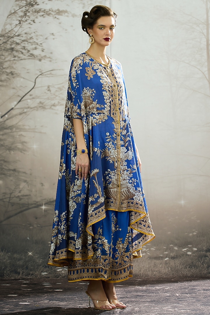 Blue Silk Printed Cape by Rajdeep Ranawat at Pernia's Pop Up Shop