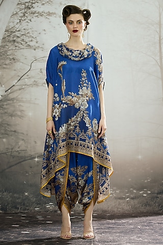 Blue Silk Printed Draped Tunic by Rajdeep Ranawat