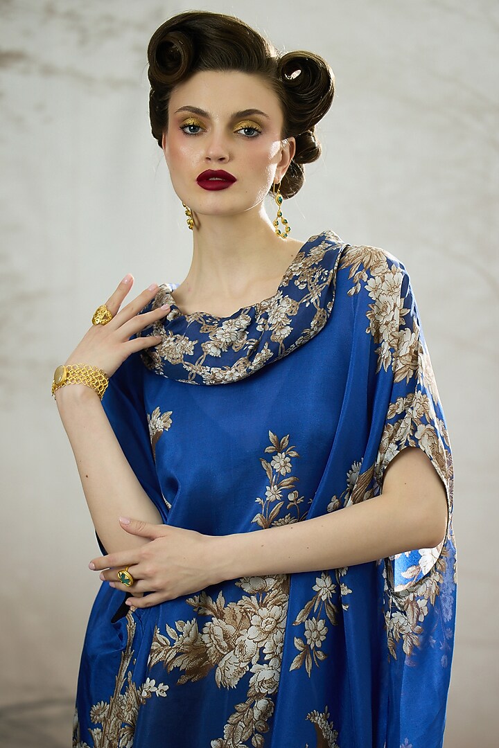 Blue Silk Printed Draped Tunic by Rajdeep Ranawat at Pernia's Pop Up Shop