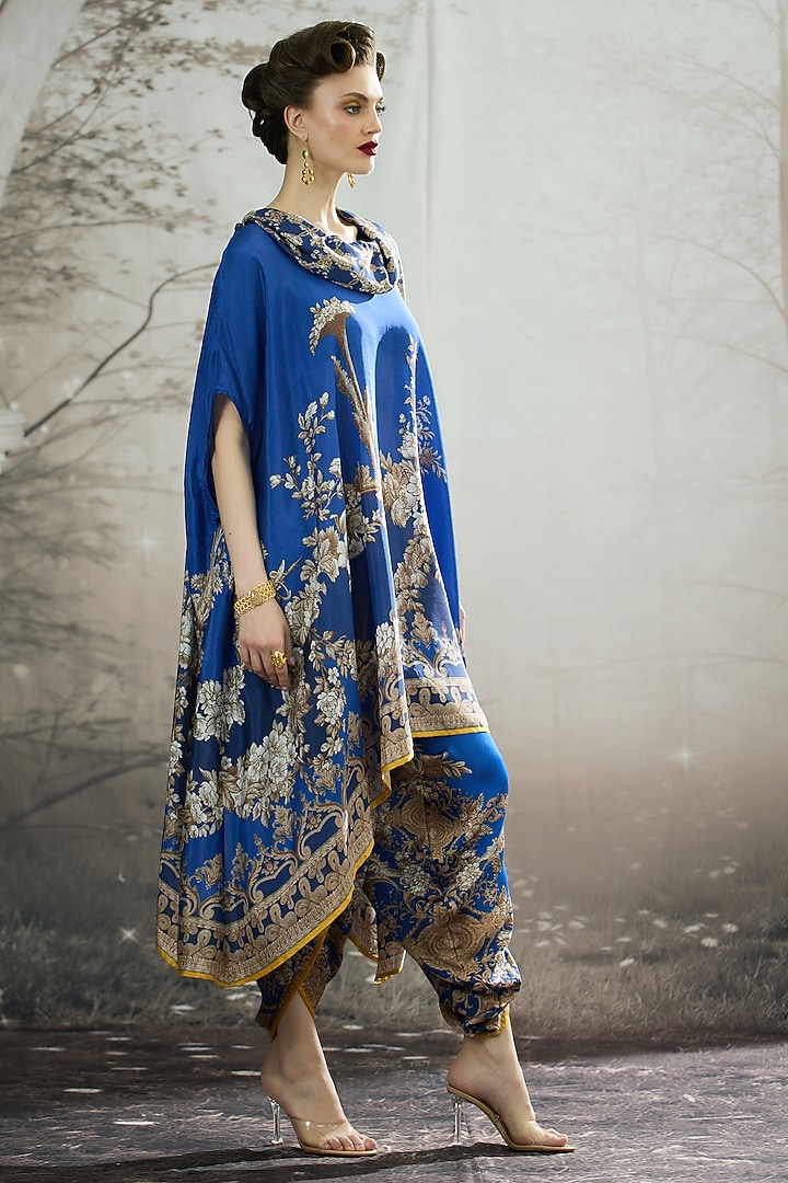 Blue Silk Printed Draped Tunic by Rajdeep Ranawat at Pernia's Pop Up Shop
