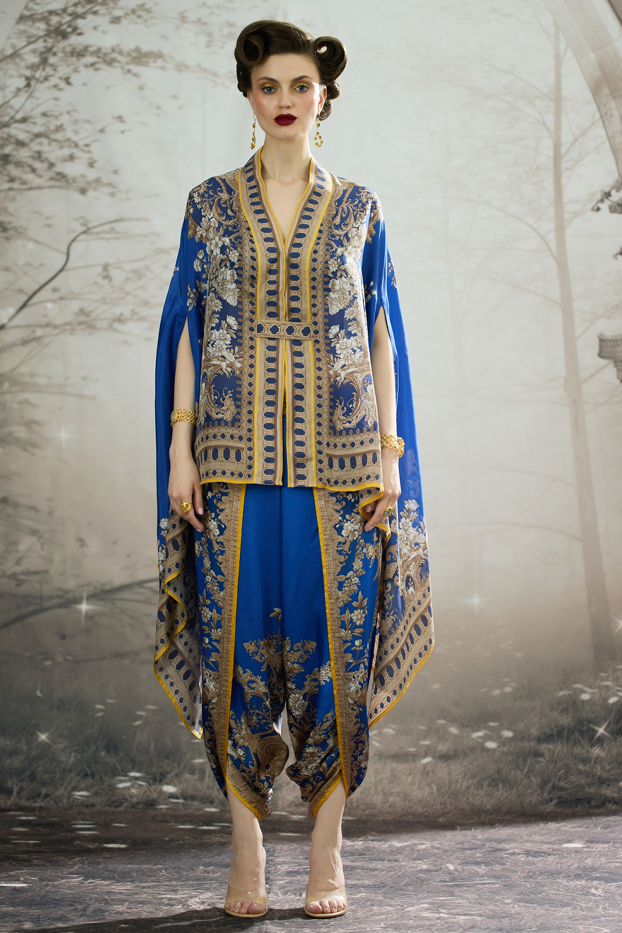 Blue Silk Printed Cape by Rajdeep Ranawat at Pernia's Pop Up Shop