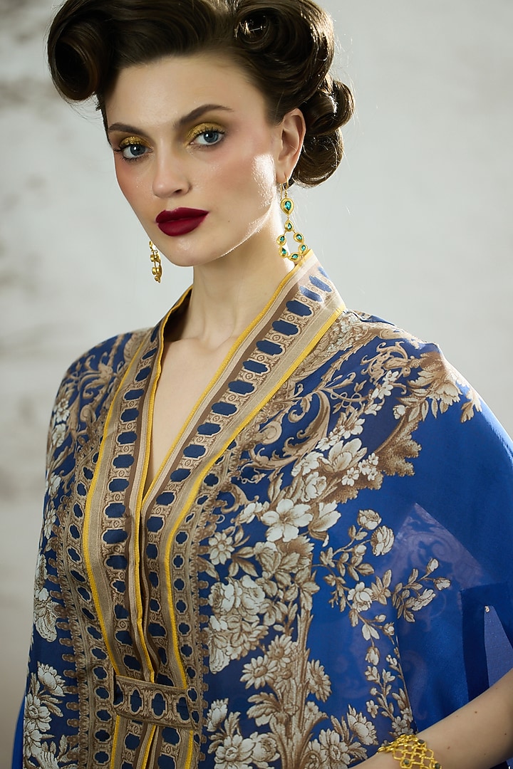 Blue Silk Printed Cape by Rajdeep Ranawat at Pernia's Pop Up Shop